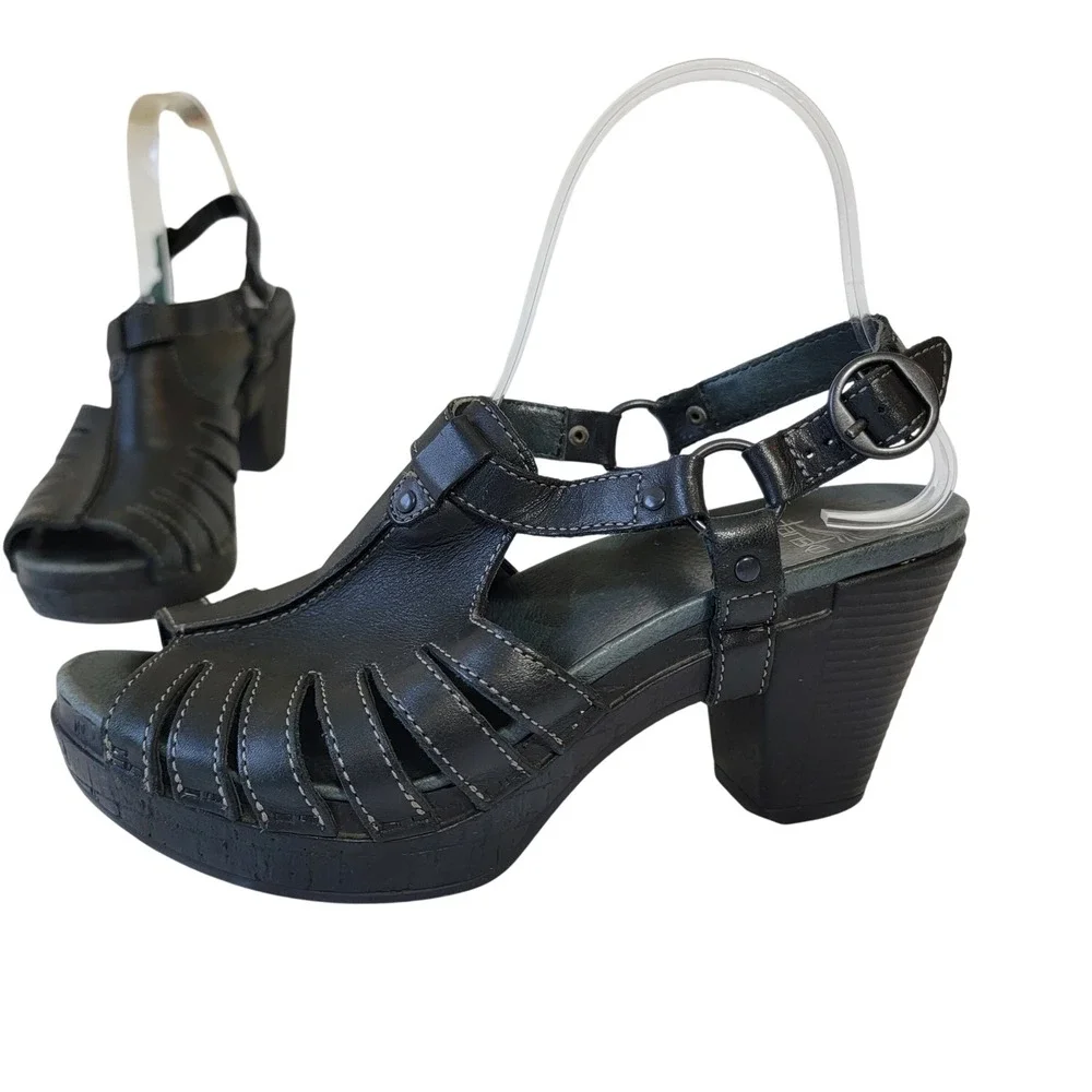 Dansko Randa Black Leather Platform Heeled Sandals EU 38 US 7.5-8 Cage Buckle